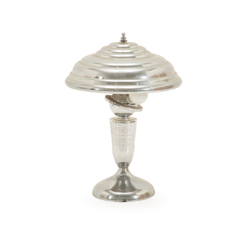 Silver Art Deco Style Ribbed Metal Table Lamp with Concentric Dome Shade