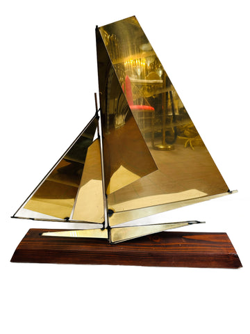 Gold Sailboat Sculpture with Dark Wood Base