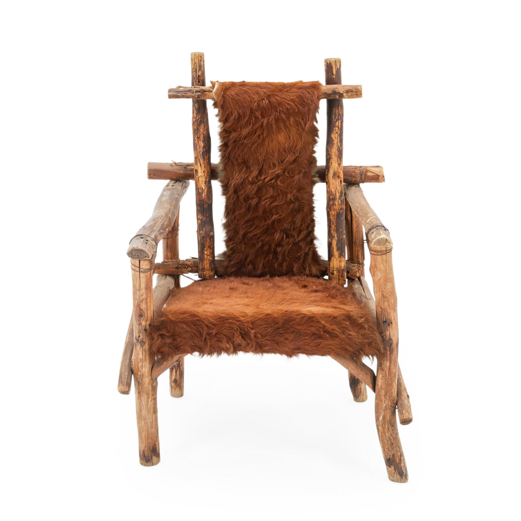 Raw Wood Armchair with Brown Animal Hide Fur