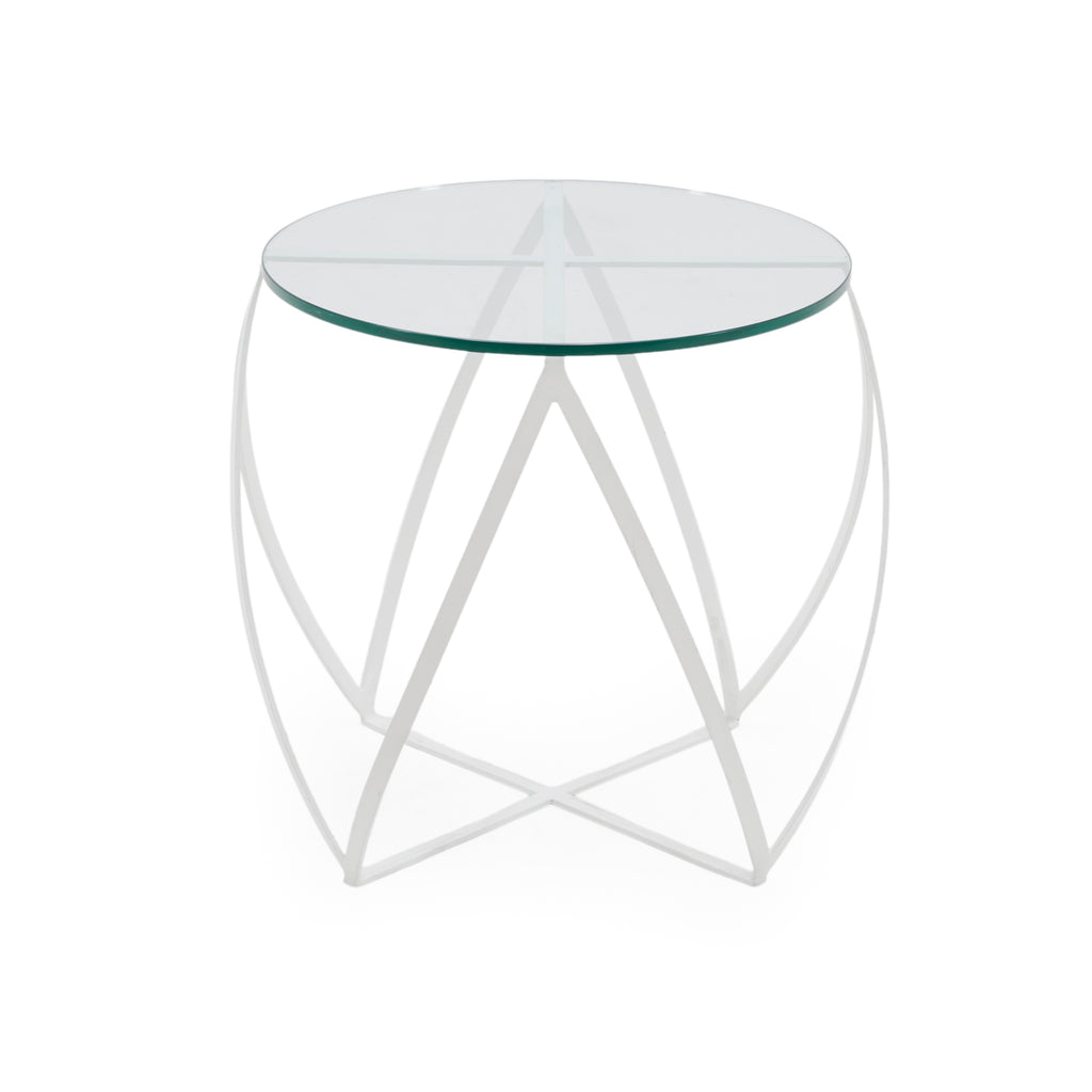 White Metal and Clear Glass Abstract End Table