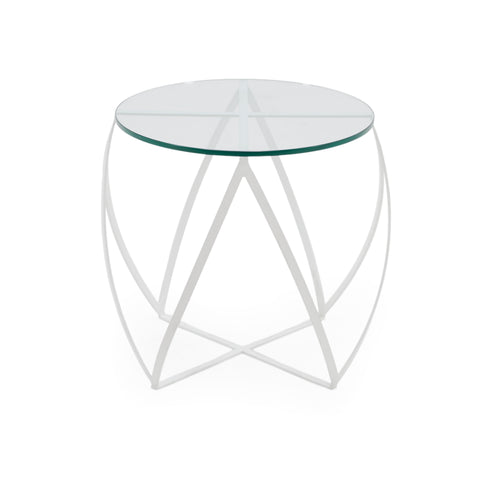 White Metal and Clear Glass Abstract End Table
