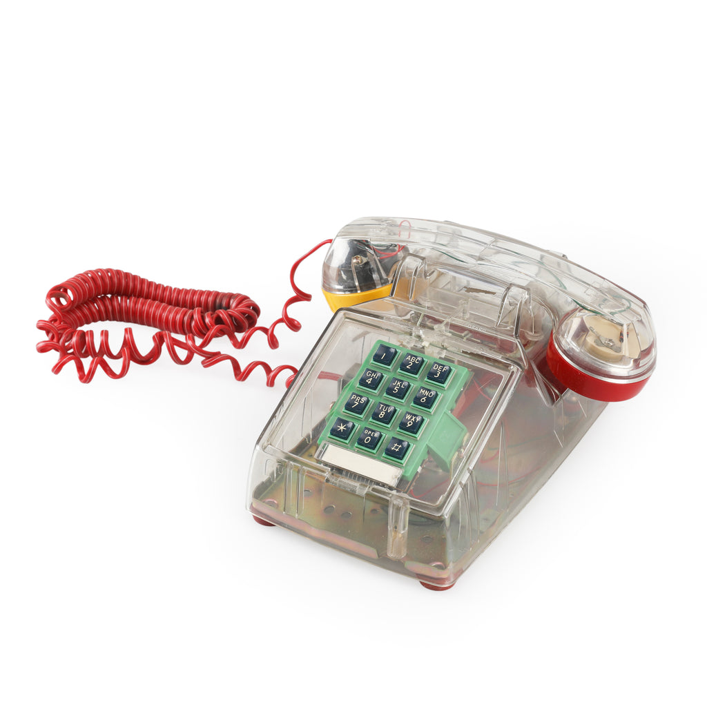 Clear Plastic Push-Button Telephone with Red Coiled Cord