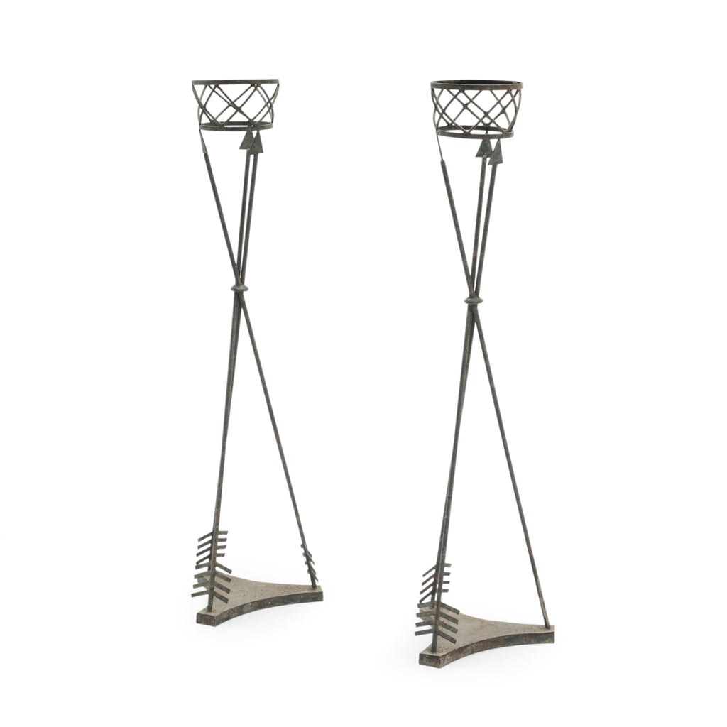 Pair of Distressed Iron Arrow Design Decorative Planter Stands
