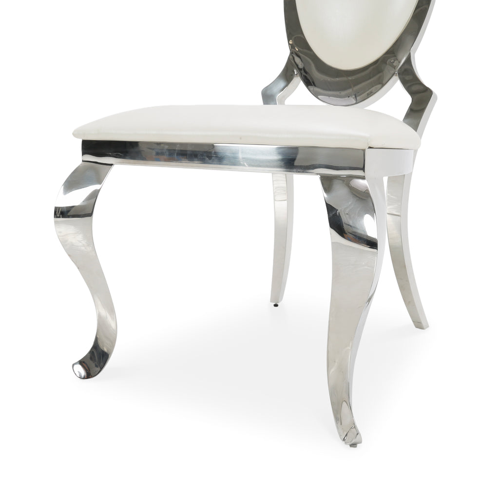 White Leather and Chrome Oval Back Ornate Dining Chair