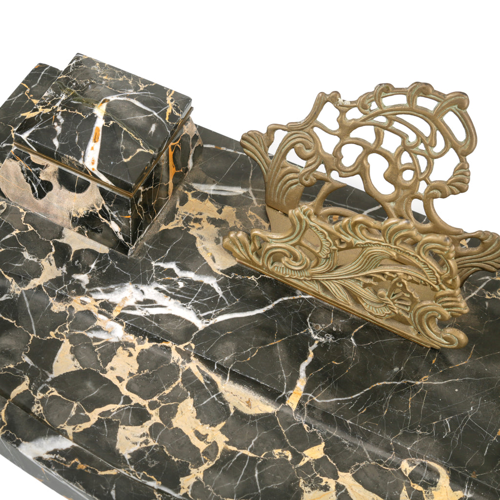 Black Marble & Brass Desk Inkwell Set with Letter Holder