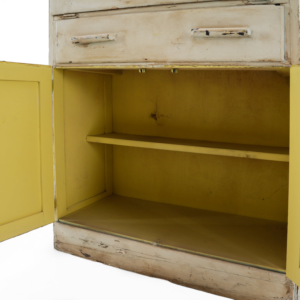 Distressed Cream Wood Hutch with Textured Glass Doors