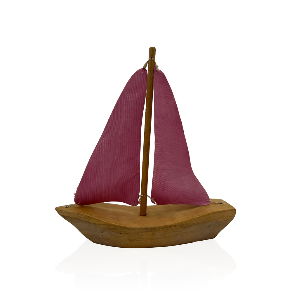 Wood Decorative Sailboat with Fuchsia Pink Fabric Sails