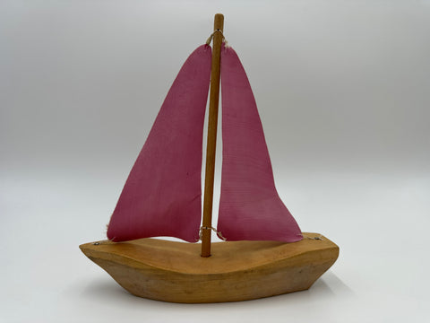 Wood Decorative Sailboat with Fuchsia Pink Fabric Sails