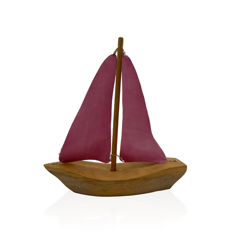 Wood Decorative Sailboat with Fuchsia Pink Fabric Sails