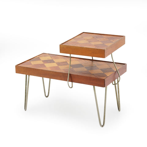 Modern Tiered Wood Inlaid End Table with Hairpin Legs