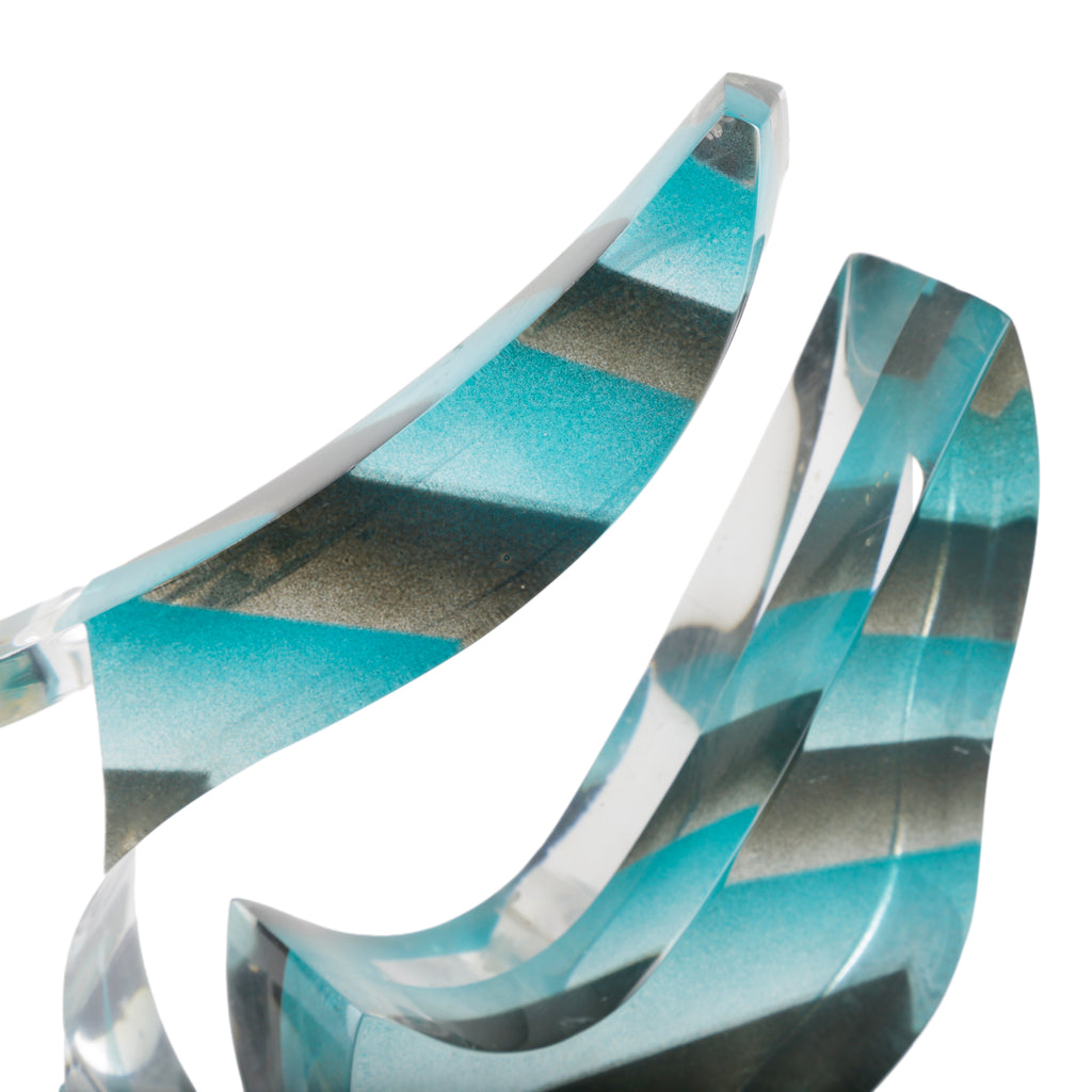 Abstract Clear Acrylic Wave Sculpture with Teal and Black Stripes
