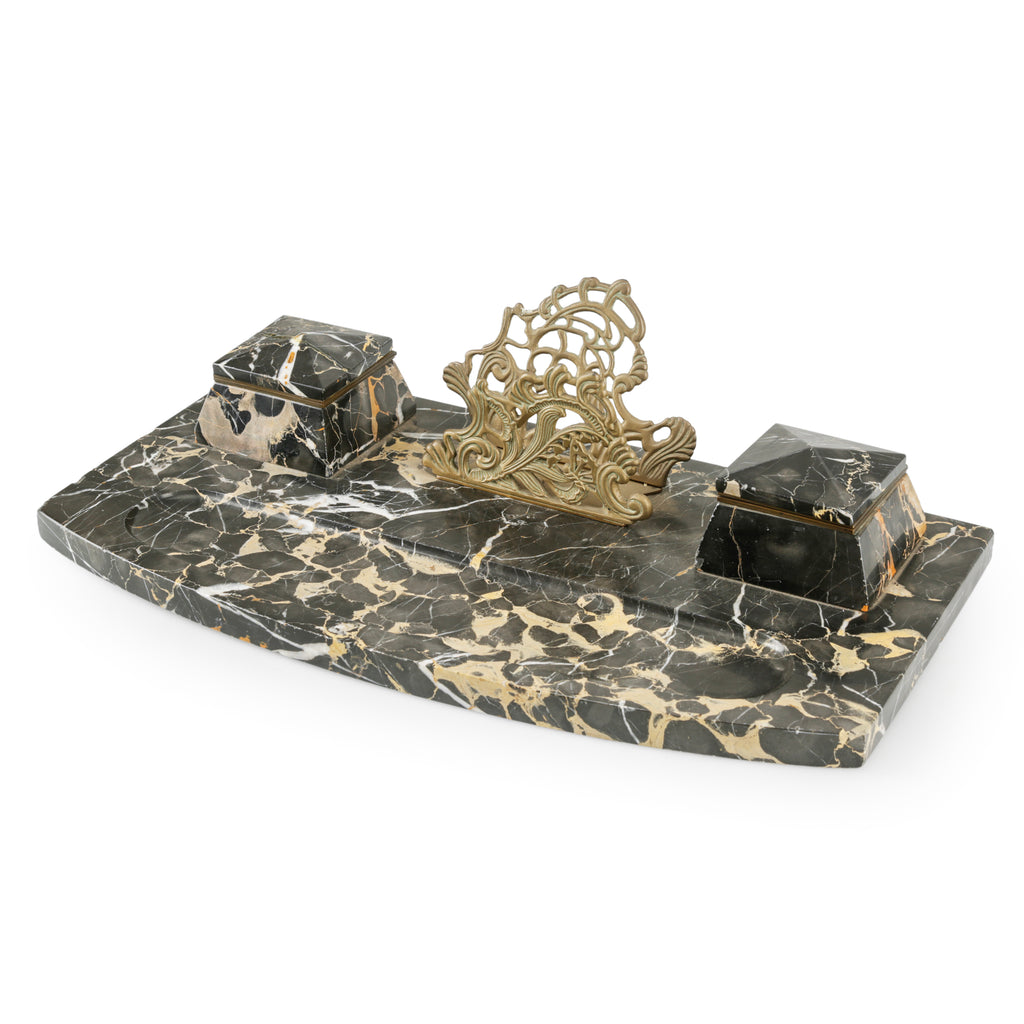 Black Marble & Brass Desk Inkwell Set with Letter Holder