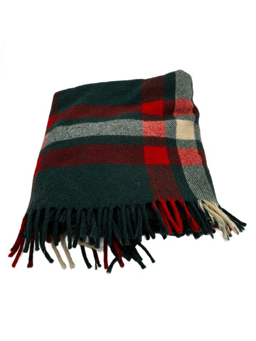 Dark Green, Red, Gray, and Cream Plaid Wool Blend Throw Blanket with Fringe