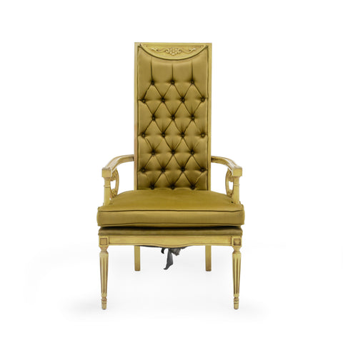 Gilded Wood High-Back Tufted Chartreuse Armchair