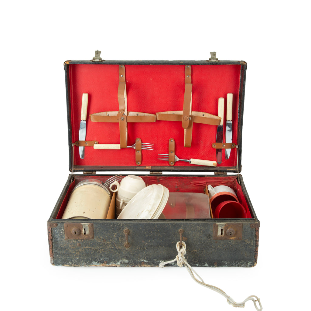 Vintage Distressed Black Faux Leather Picnic Basket with Red Interior and Full Picnic Set