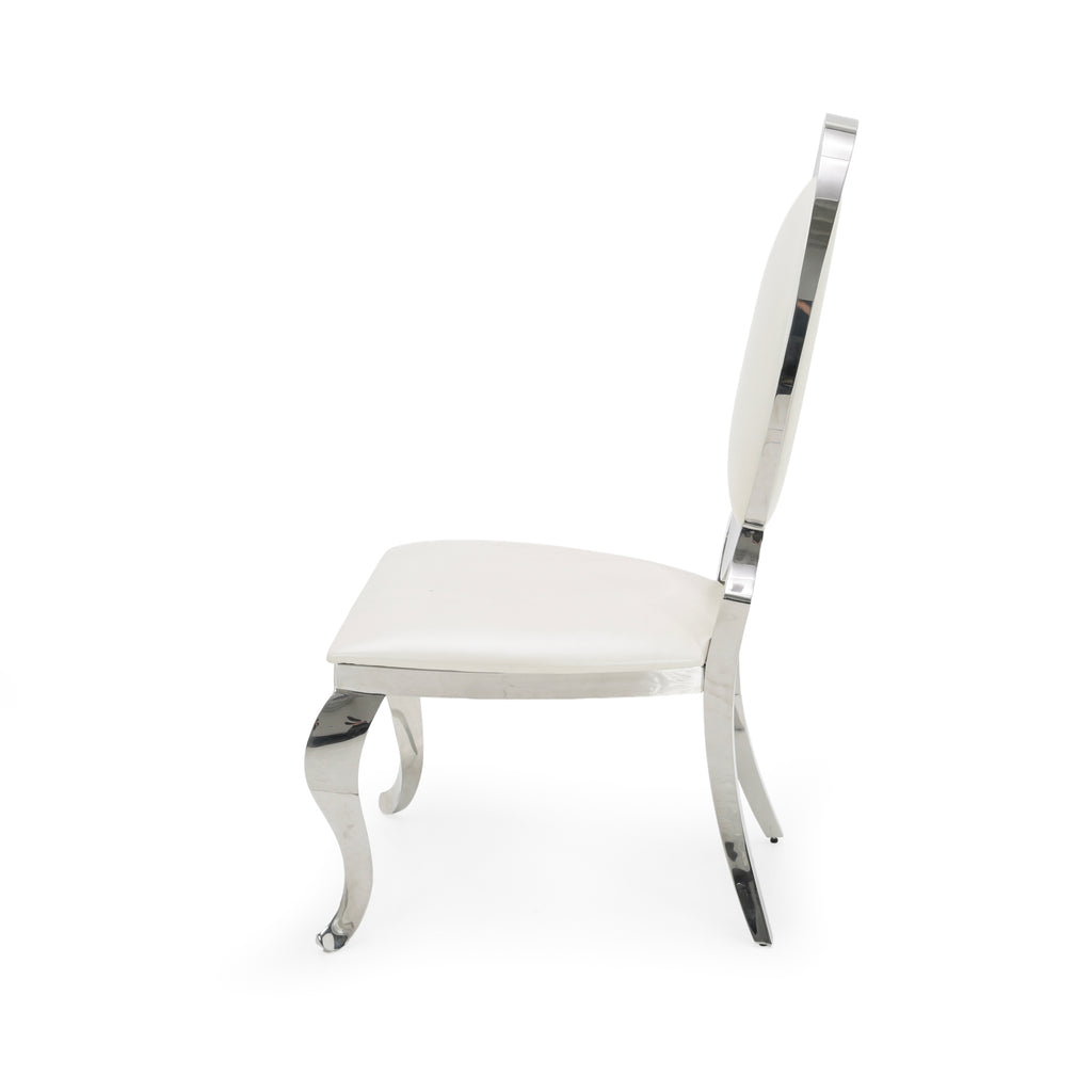 White Leather and Chrome Oval Back Ornate Dining Chair