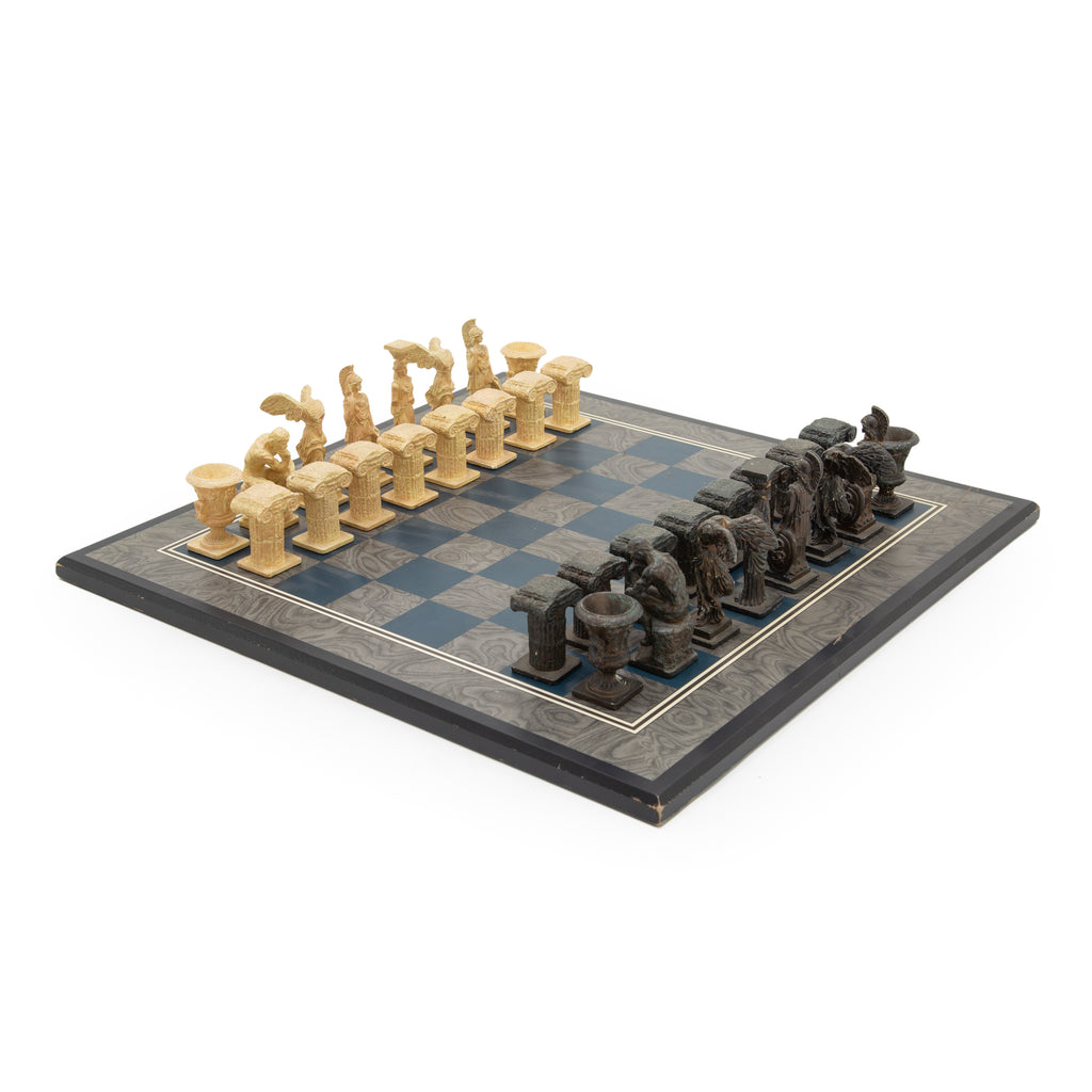 Classical Greek Themed Resin Chess Set with Blue and Gray Board
