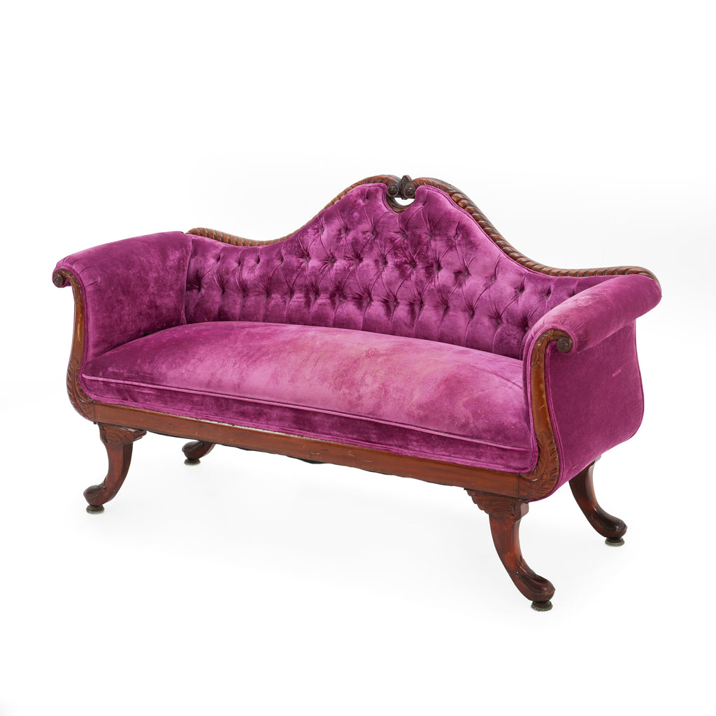 Magenta Velvet Carved Wood Settee