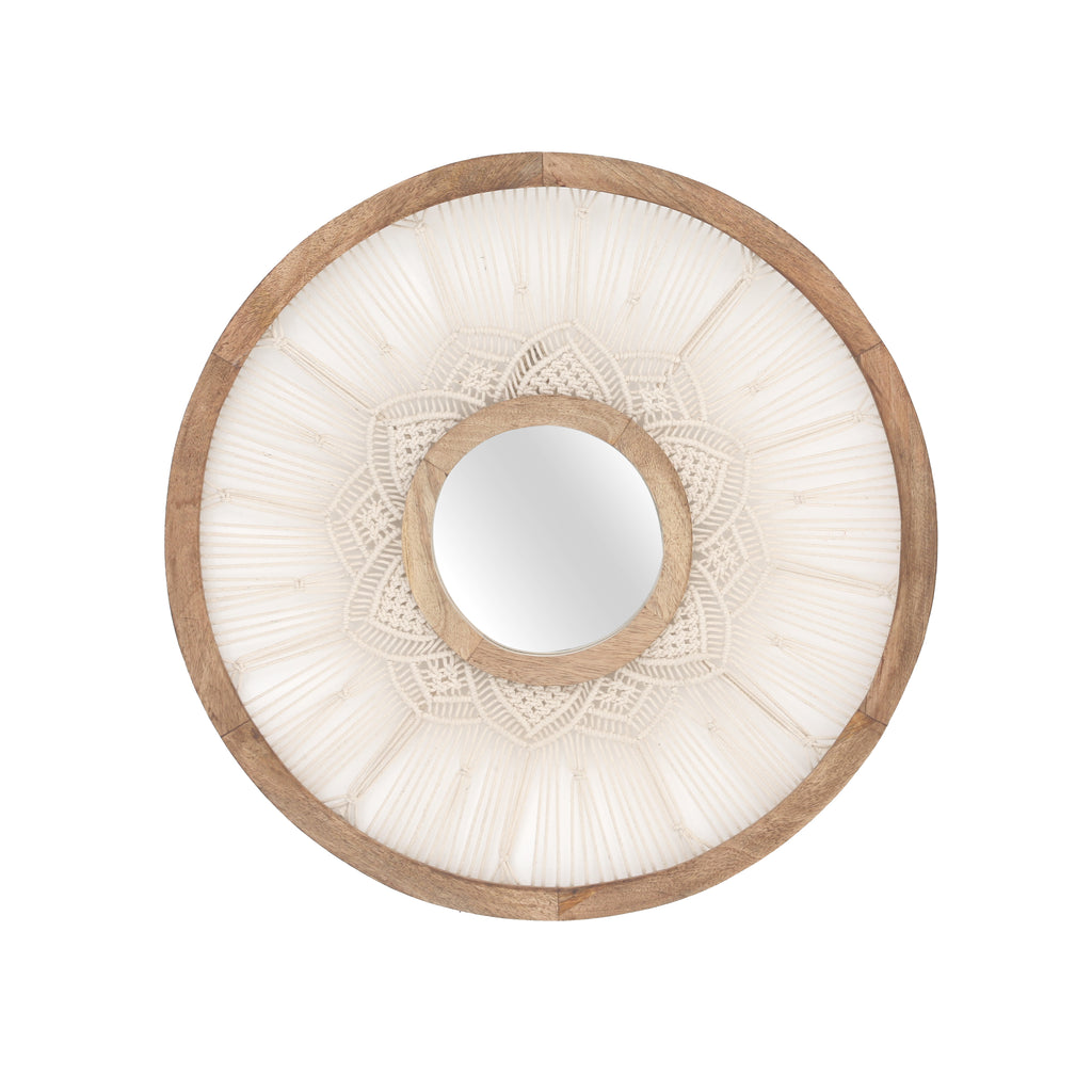 White Macrame Mandela & Wood Round Mirror