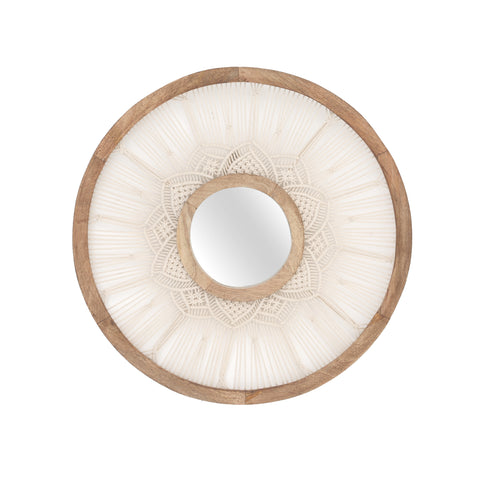 White Macrame Mandela & Wood Round Mirror