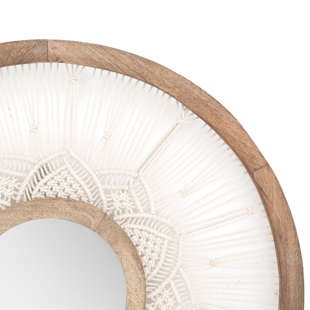 White Macrame Mandela & Wood Round Mirror