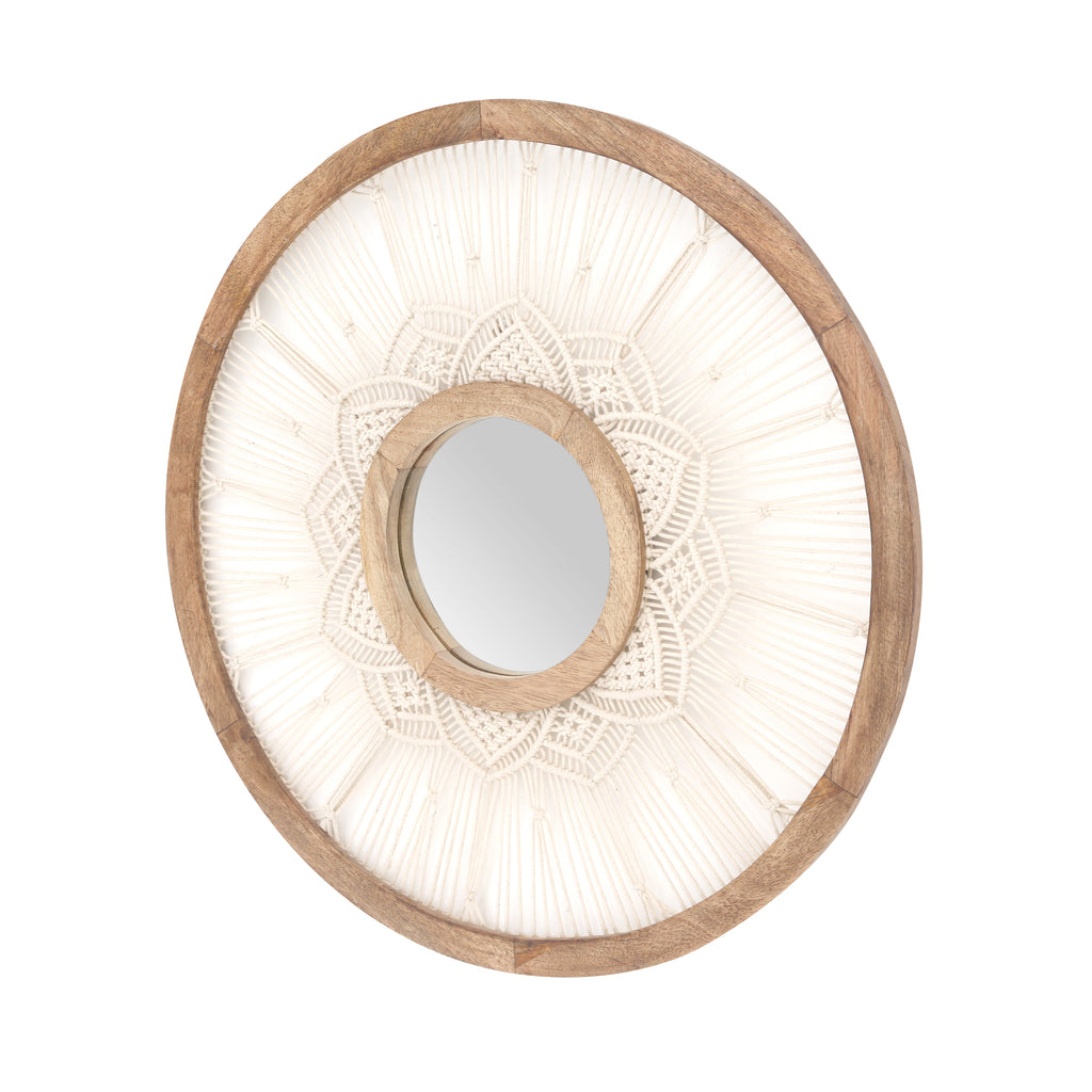 White Macrame Mandela & Wood Round Mirror