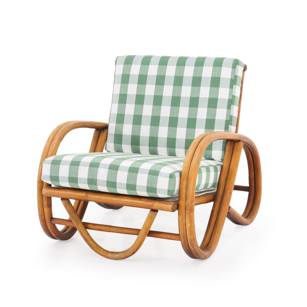 Bamboo Arm Chair With Green Gingham Cushion