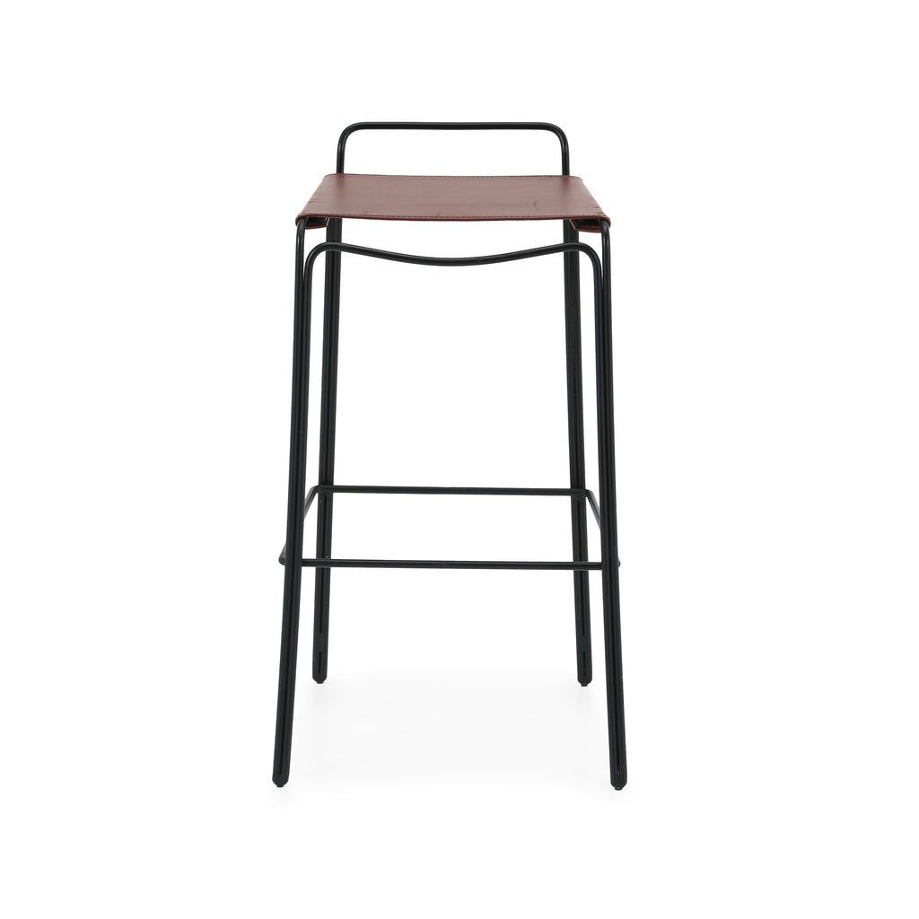 Brown Leather / Metal Square Stool