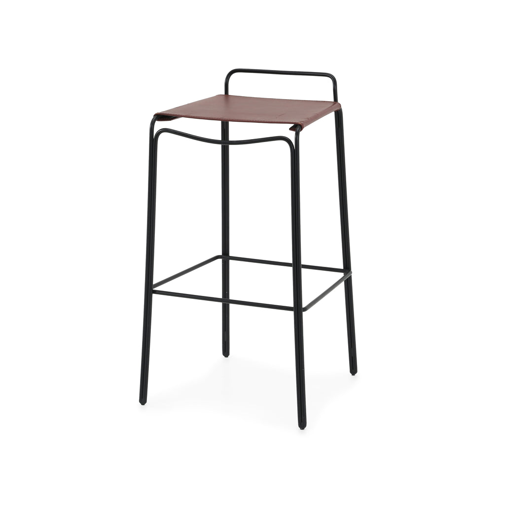 Brown Leather / Metal Square Stool