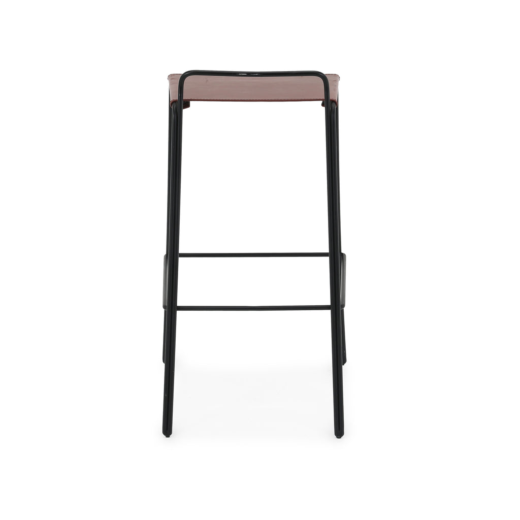 Brown Leather / Metal Square Stool