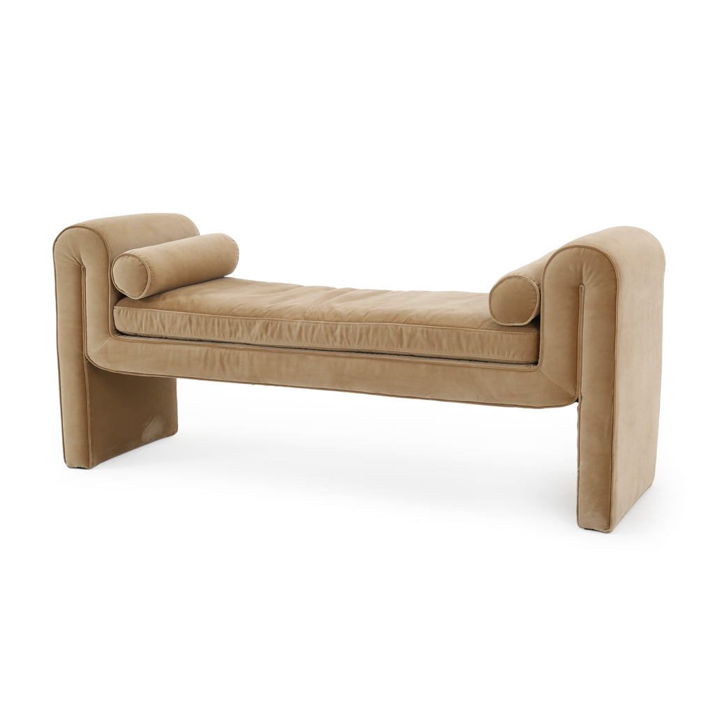 Tan Velour Bench With Two Bolster Pillows