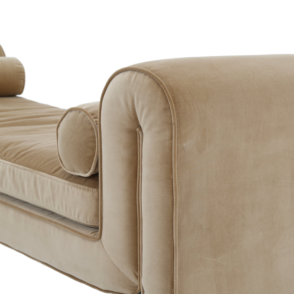 Tan Velour Bench With Two Bolster Pillows