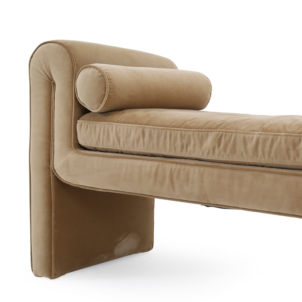 Tan Velour Bench With Two Bolster Pillows