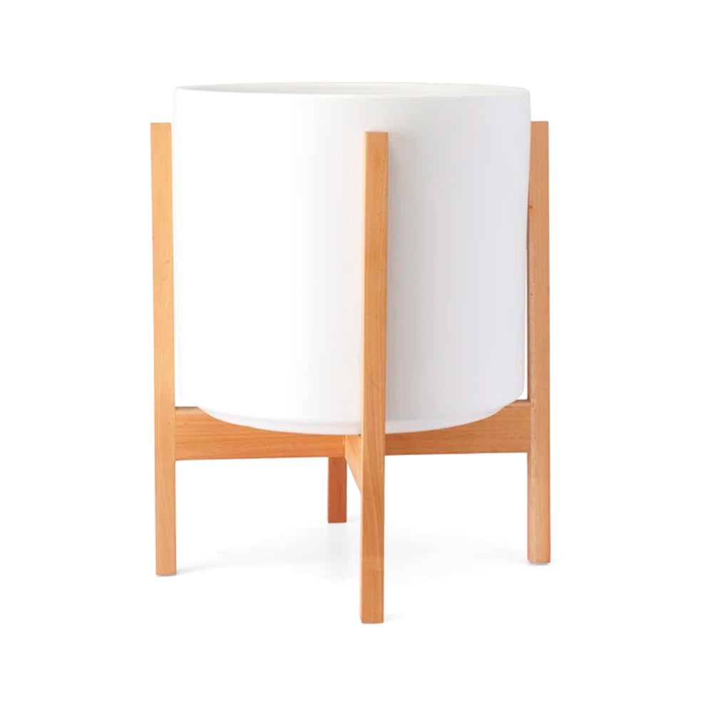 Large White Case Study Ceramic Planter with Light Wood Stand