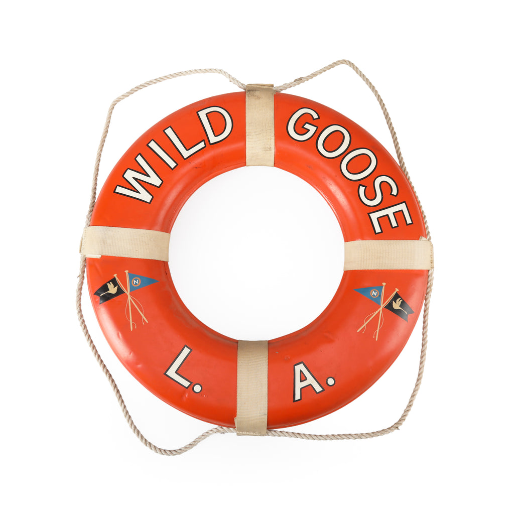 Vintage Orange Plastic Life Preserver with Rope and Distressed Metal Tag