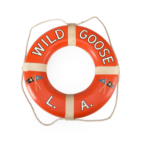 Vintage Orange Plastic Life Preserver with Rope and Distressed Metal Tag