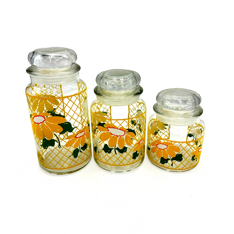 Vintage Glass Canister Set with Orange Daisy & Yellow Trellis Pattern