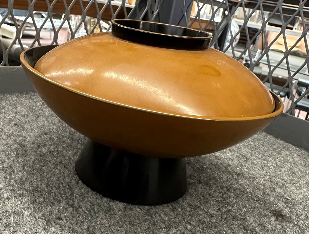 Caramel Lacquered Metal Footed Decorative Bowl with Black and Gold Accents