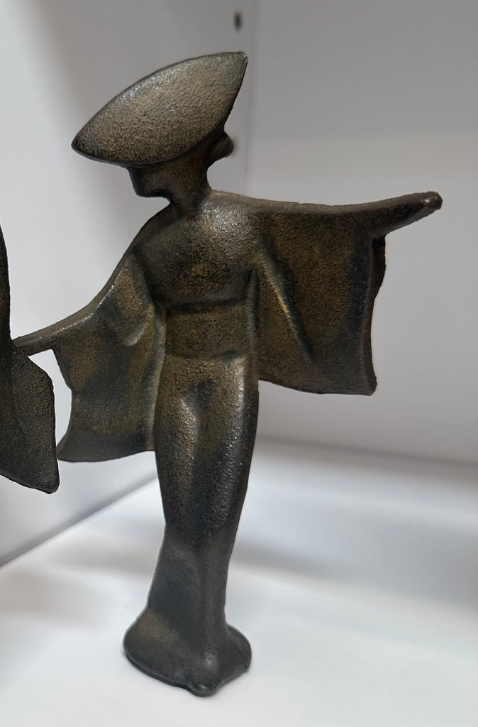 Aged Bronze Cast Metal Geisha-Style Figurine with Wide Hat and Outstretched Arm