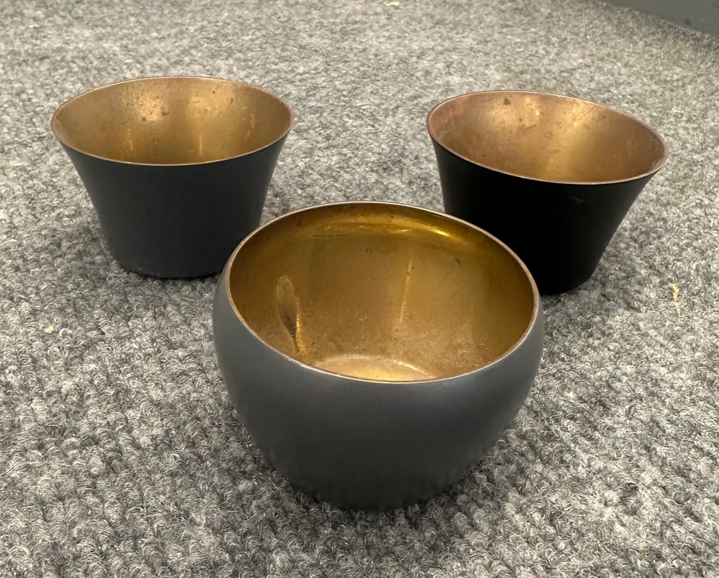 Set of 3 Matte Dark Gray & Patinated Brass Decorative Metal Bowls