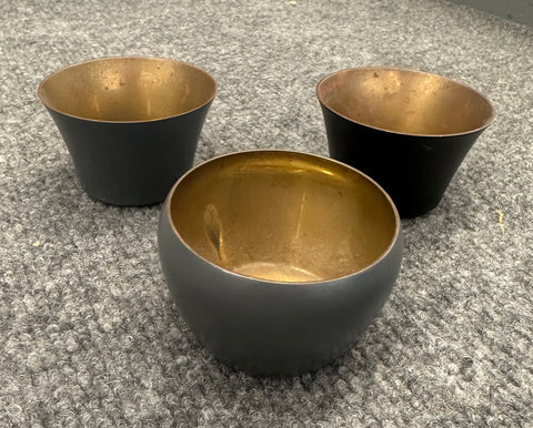 Set of 3 Matte Dark Gray & Patinated Brass Decorative Metal Bowls