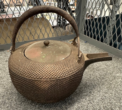 Distressed Dark Bronze Cast Iron Hobnail Teapot with Copper Patina Lid
