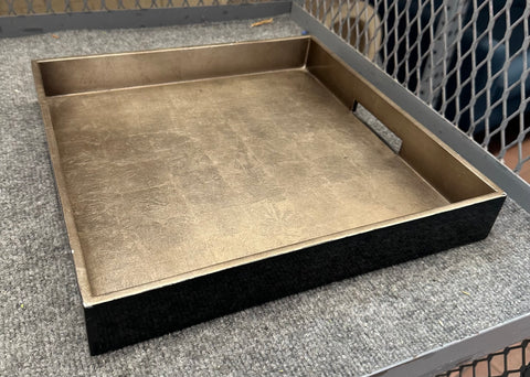 Distressed Gold and Black Rectangular Decorative Tray with Cut-Out Handles