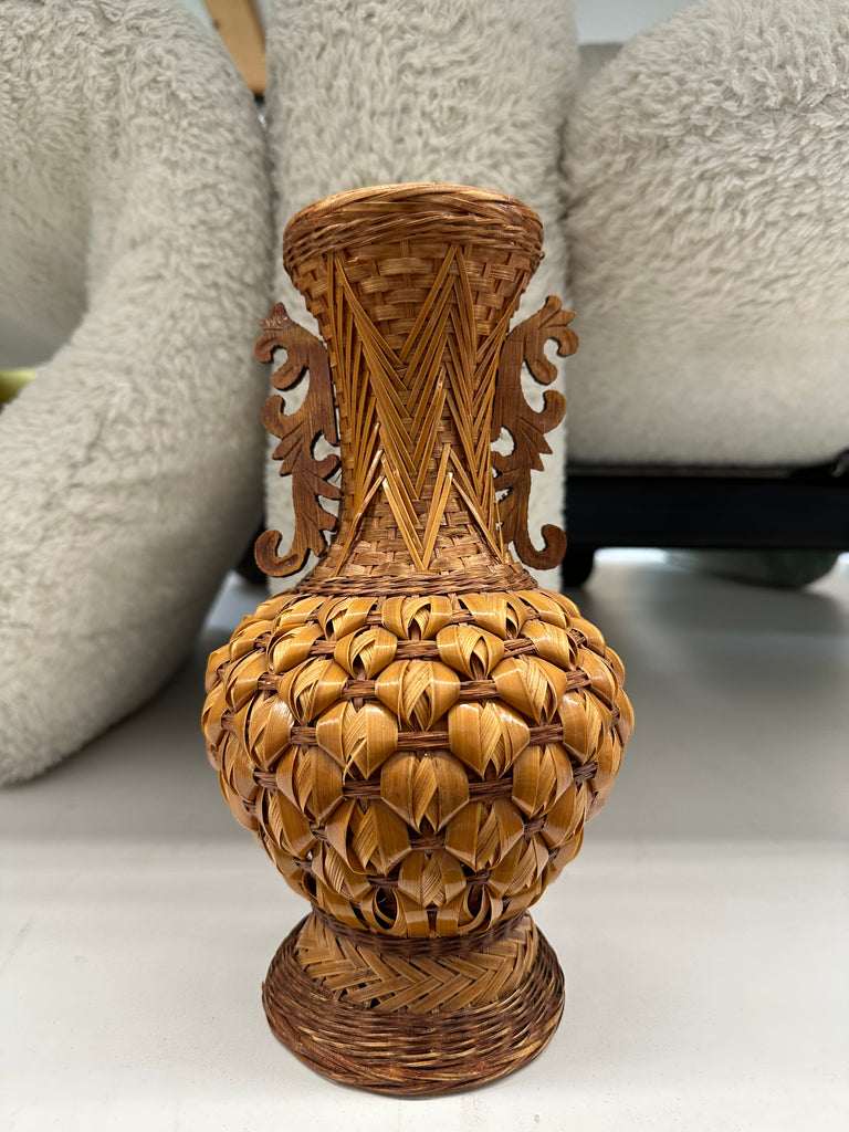 Brown Rattan and Wood Vase