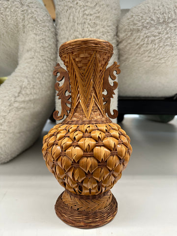 Brown Rattan and Wood Vase