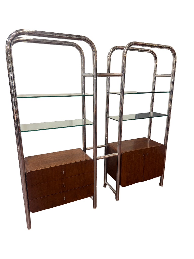 Chrome Tube/Glass Shelf Unit w/wood Drawers