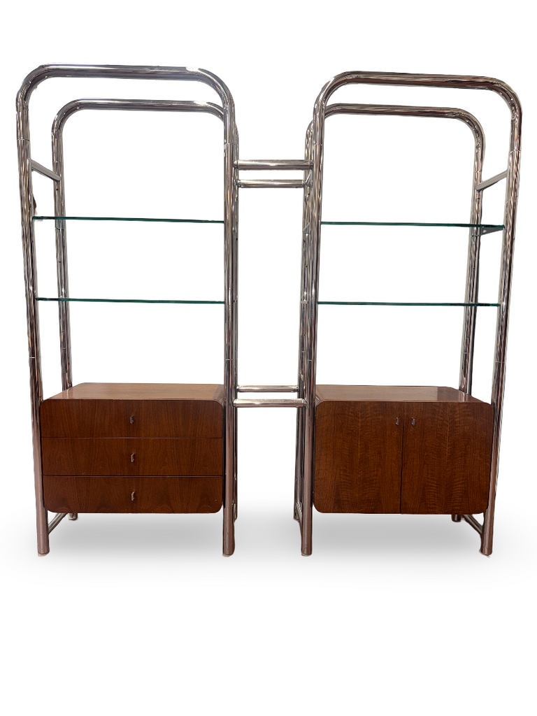 Chrome Tube/Glass Shelf Unit w/wood Drawers