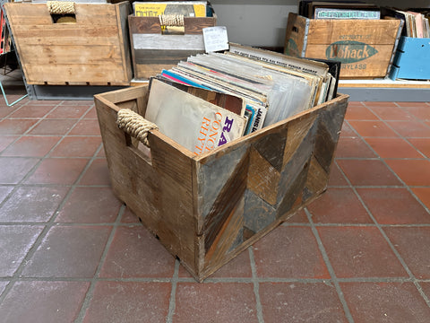 Rustic Natural and Grey Wood Chevron Pattern Record Storage Crate with Rope Handles