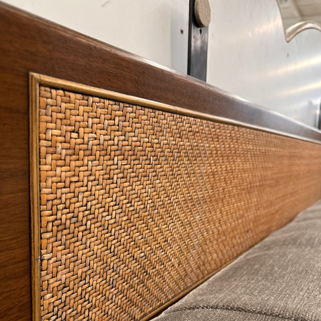 Mid-Century Modern Dark Wood & Rattan Platform Bed