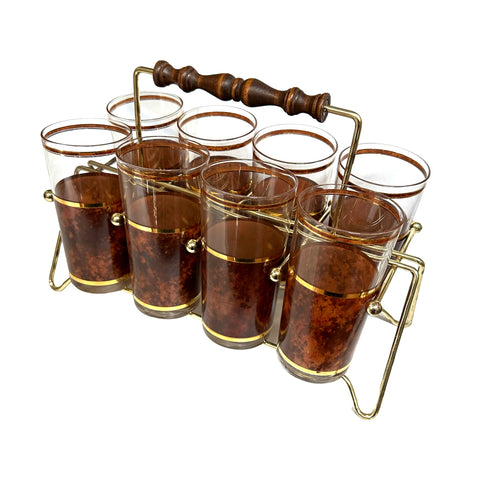 Set of 9 Brown + Gold Highball Glasses w/ Gold Wire Drink Caddy